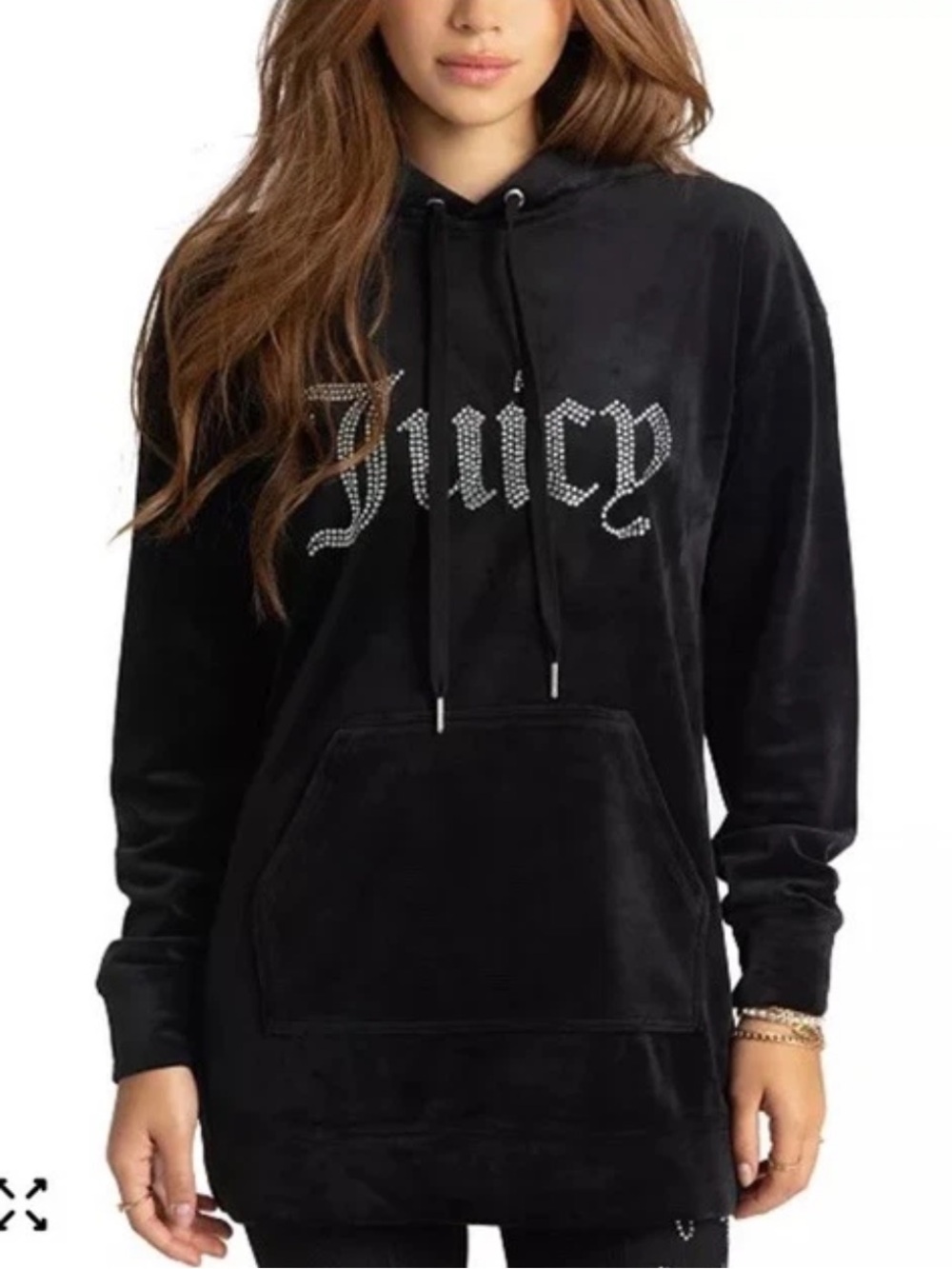 New Juicy Couture Black Velour Longline Hoodie Tunic Size L Rhinestone Logo